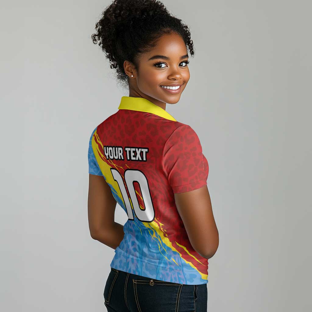 Custom DR Congo Leopards Football Women Polo Shirt Abstract Leopard Pattern With National Colors And Crest