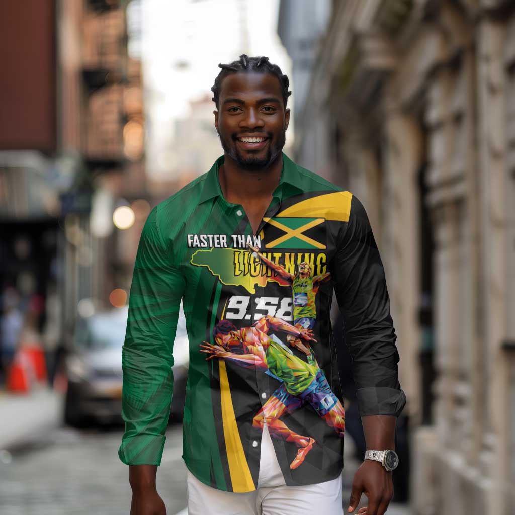Proud of Jamaican Long Sleeve Button Shirt Faster Than Lightning-9.58 Seconds - African Pride