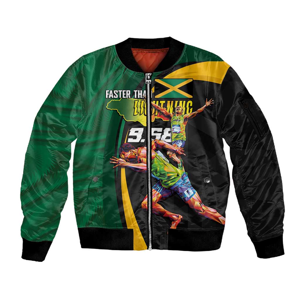 Proud of Jamaican Sleeve Zip Bomber Jacket Faster Than Lightning-9.58 Seconds - African Pride