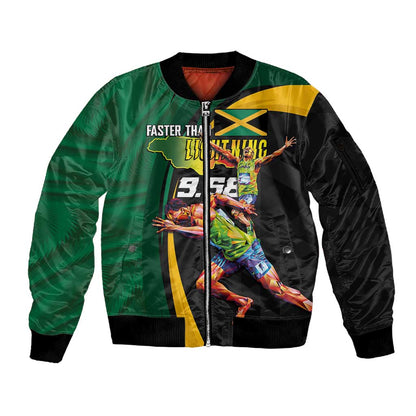 Proud of Jamaican Sleeve Zip Bomber Jacket Faster Than Lightning-9.58 Seconds - African Pride