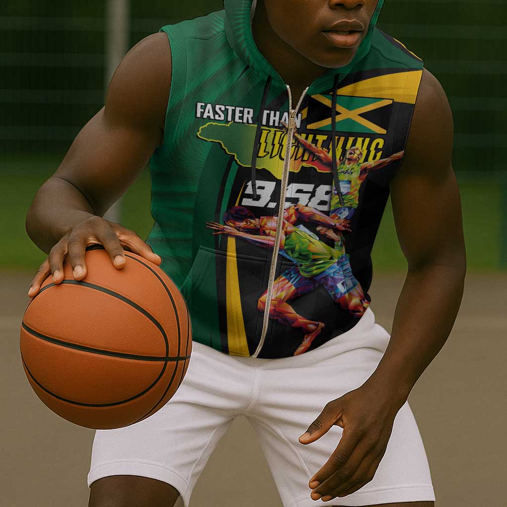 Proud of Jamaican Sleeveless Zip Hoodie Faster Than Lightning-9.58 Seconds - African Pride