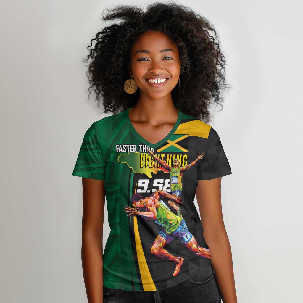 Proud of Jamaican Women V-Neck T-Shirt Faster Than Lightning-9.58 Seconds - African Pride