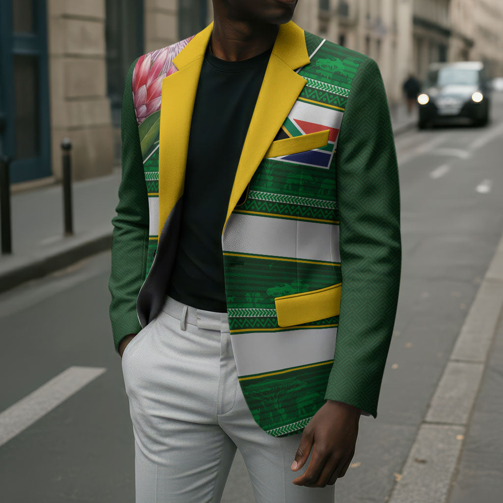 Custom South Africa Football Blazer King Protea with African Heritage Stripes Style