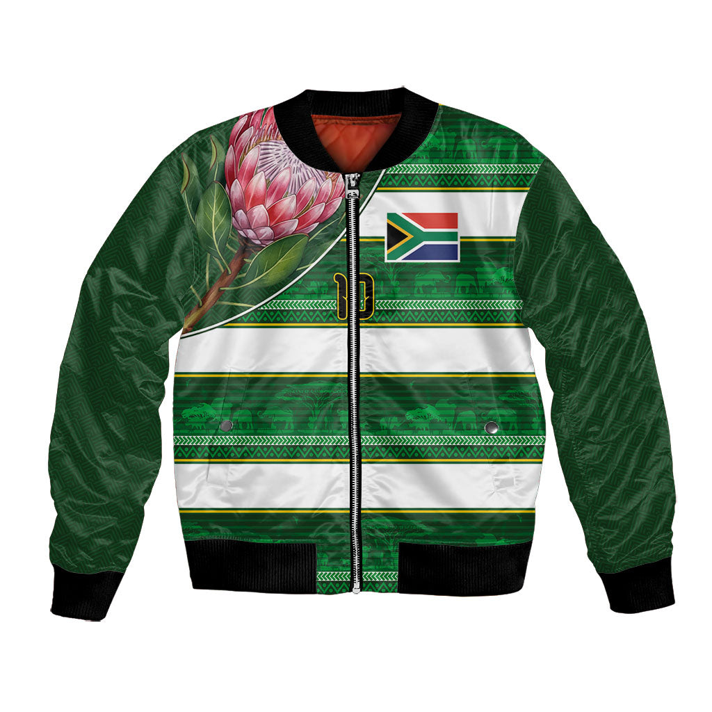 Custom South Africa Football Bomber Jacket King Protea with African Heritage Stripes Style