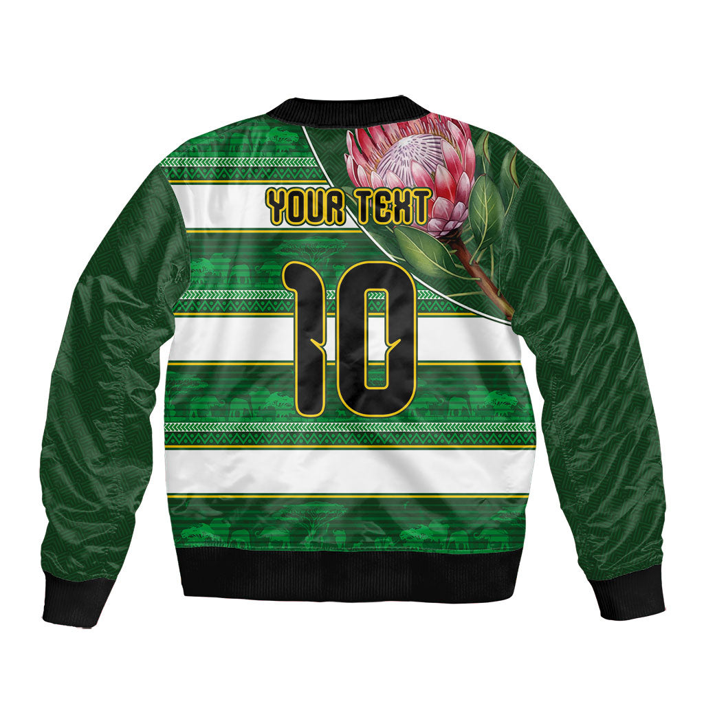 Custom South Africa Football Bomber Jacket King Protea with African Heritage Stripes Style