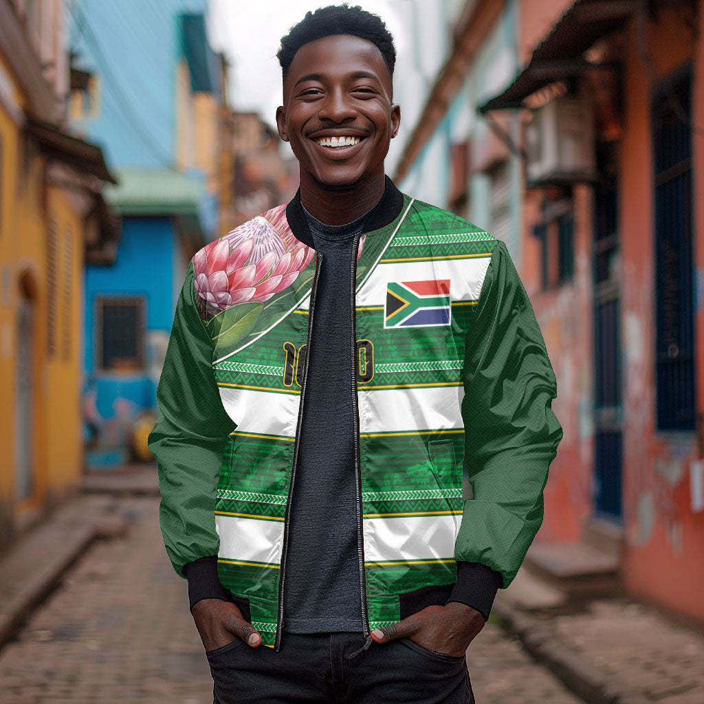 Custom South Africa Football Bomber Jacket King Protea with African Heritage Stripes Style