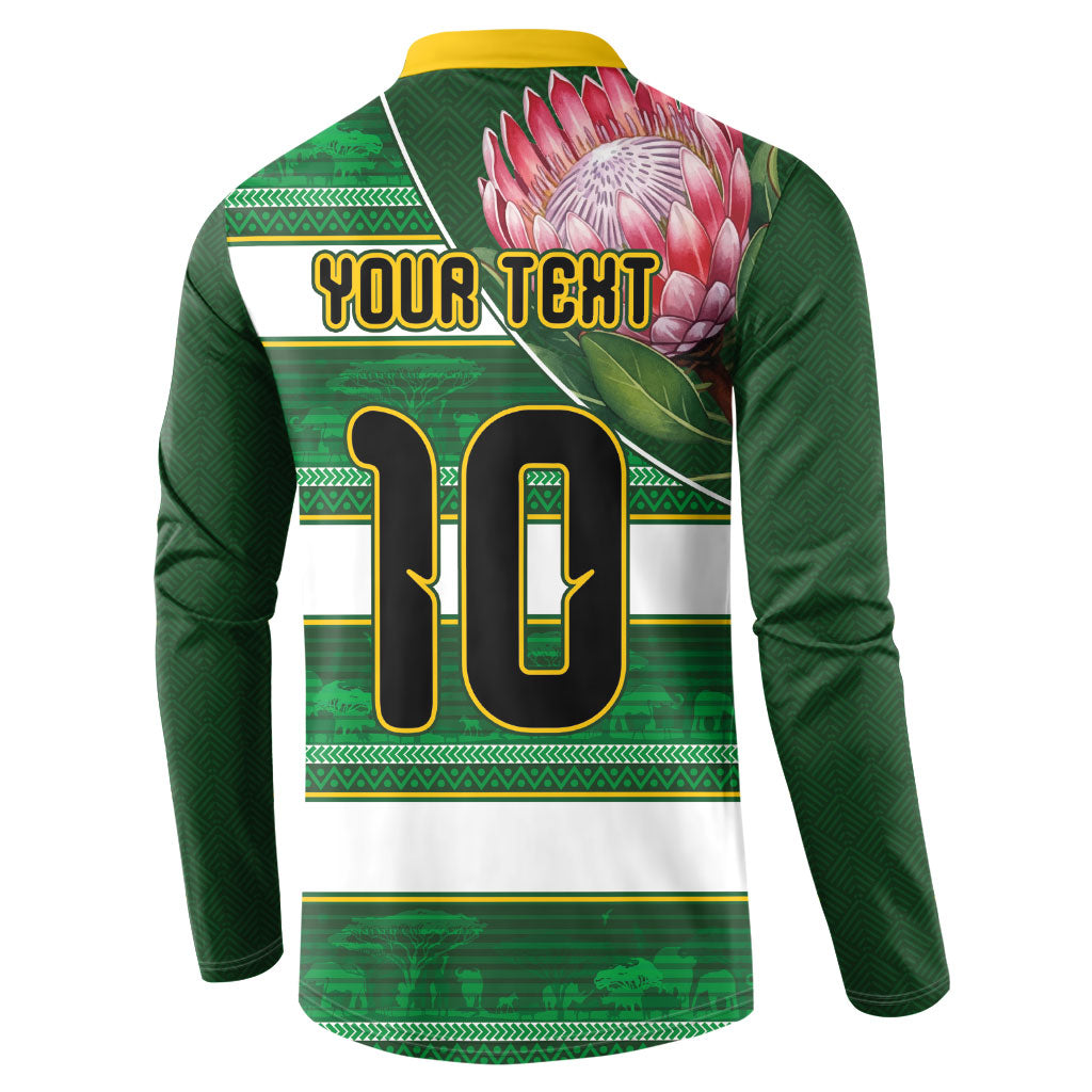 Custom South Africa Football Button Sweatshirt King Protea with African Heritage Stripes Style