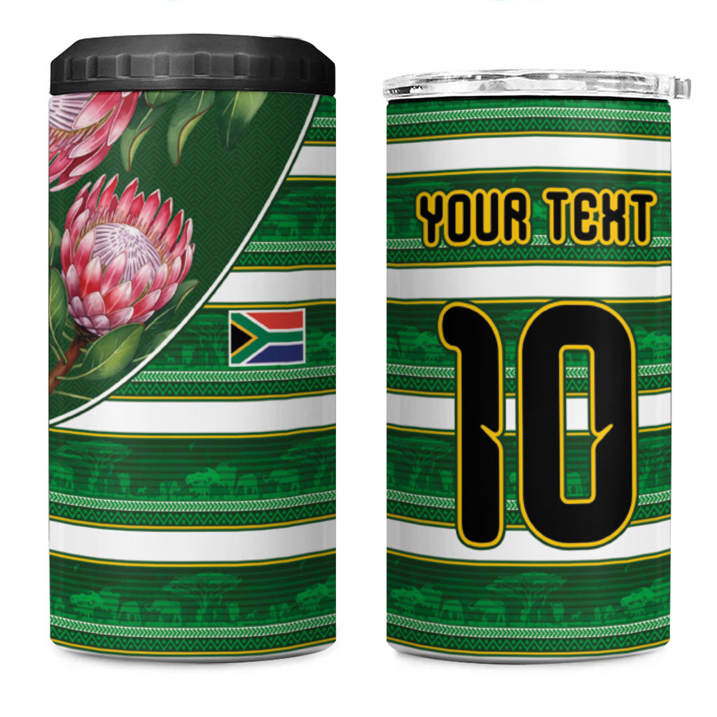 Custom South Africa Football 4 in 1 Can Cooler Tumbler King Protea with African Heritage Stripes Style