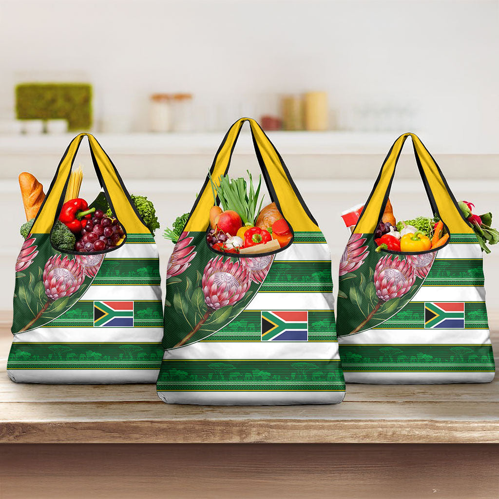 South Africa Football Grocery Bag King Protea with African Heritage Stripes Style