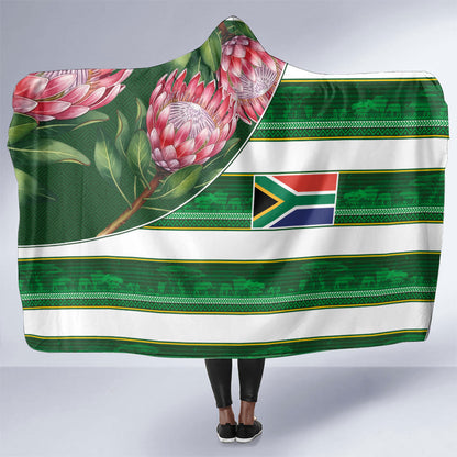 South Africa Football Hooded Blanket King Protea with African Heritage Stripes Style