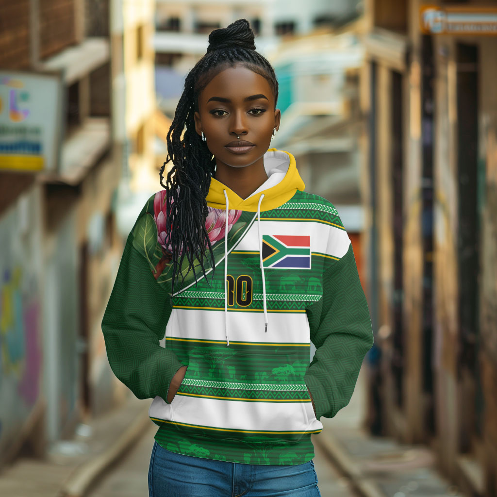 Custom South Africa Football Hoodie King Protea with African Heritage Stripes Style