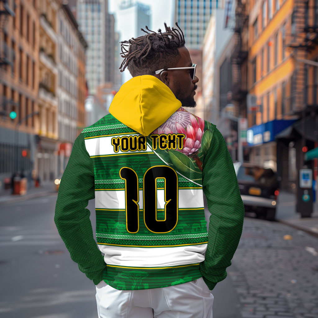 Custom South Africa Football Hoodie King Protea with African Heritage Stripes Style