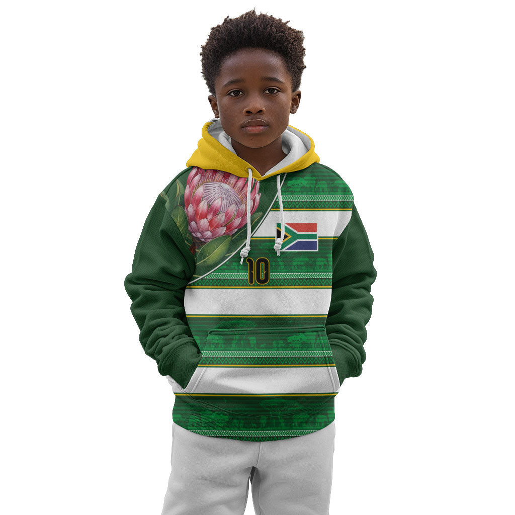 Custom South Africa Football Kid Hoodie King Protea with African Heritage Stripes Style