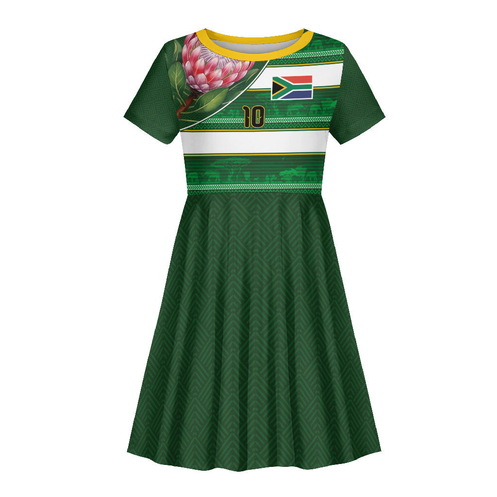 Custom South Africa Football Kid Short Sleeve Dress King Protea with African Heritage Stripes Style
