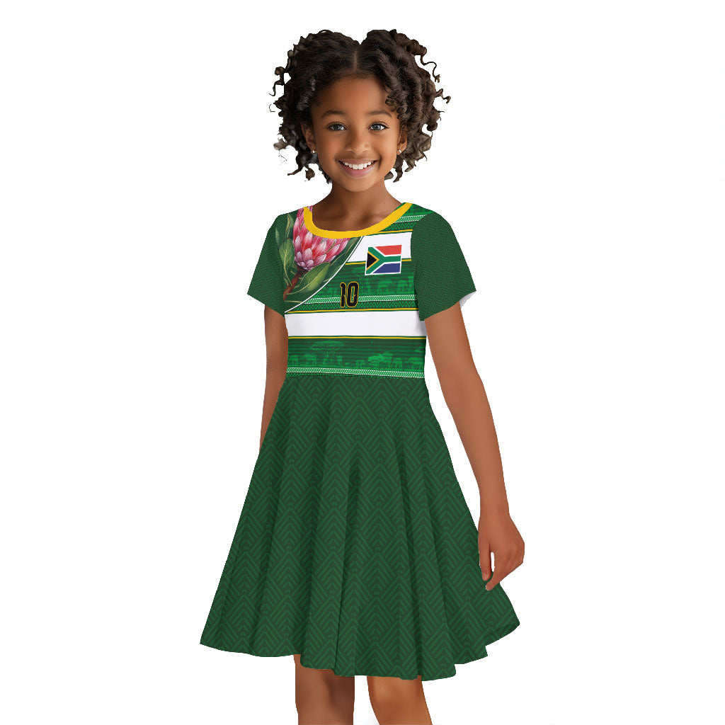 Custom South Africa Football Kid Short Sleeve Dress King Protea with African Heritage Stripes Style