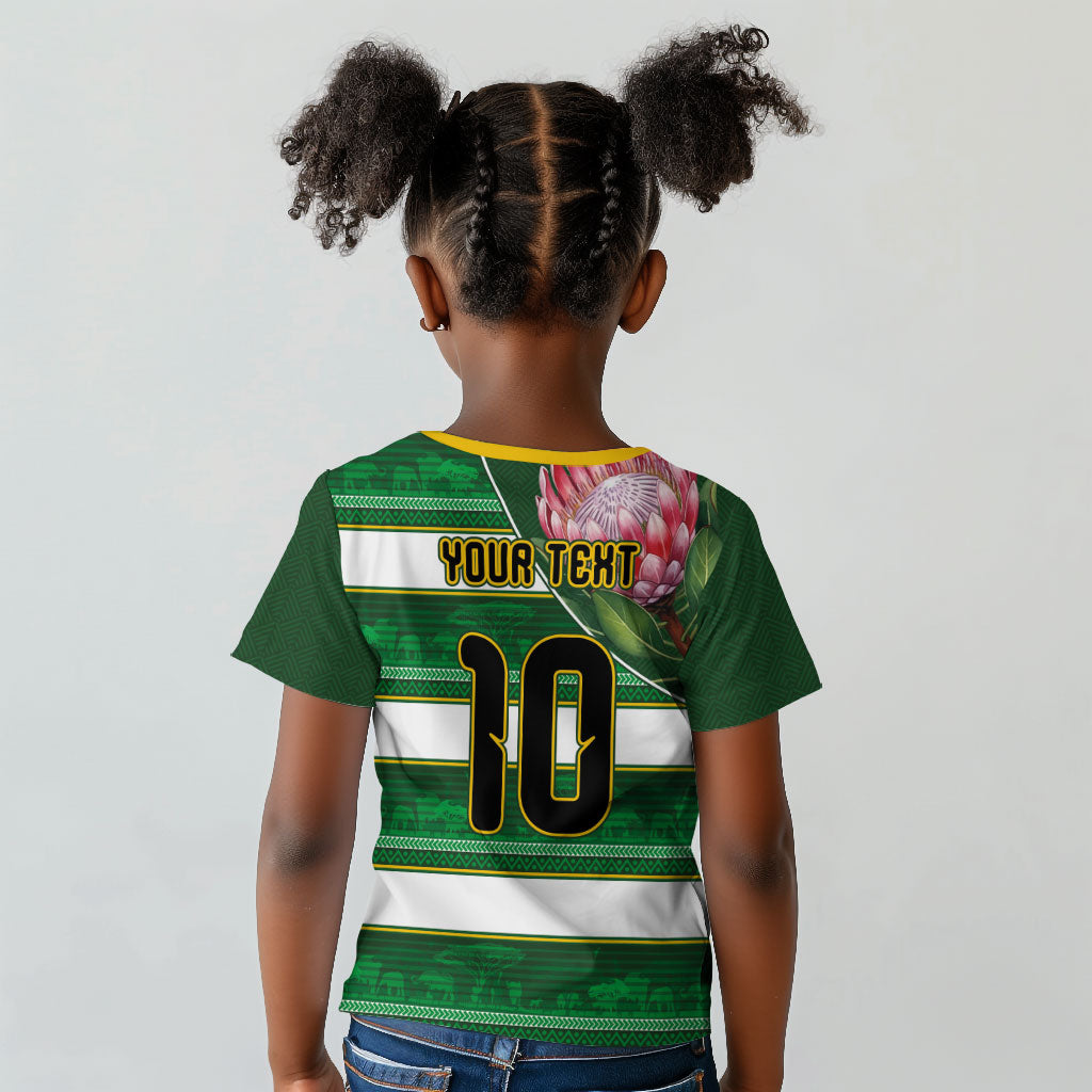 Custom South Africa Football Kid T shirt King Protea with African Heritage Stripes Style