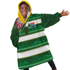 Custom South Africa Football Kid Wearable Blanket Hoodie King Protea with African Heritage Stripes Style