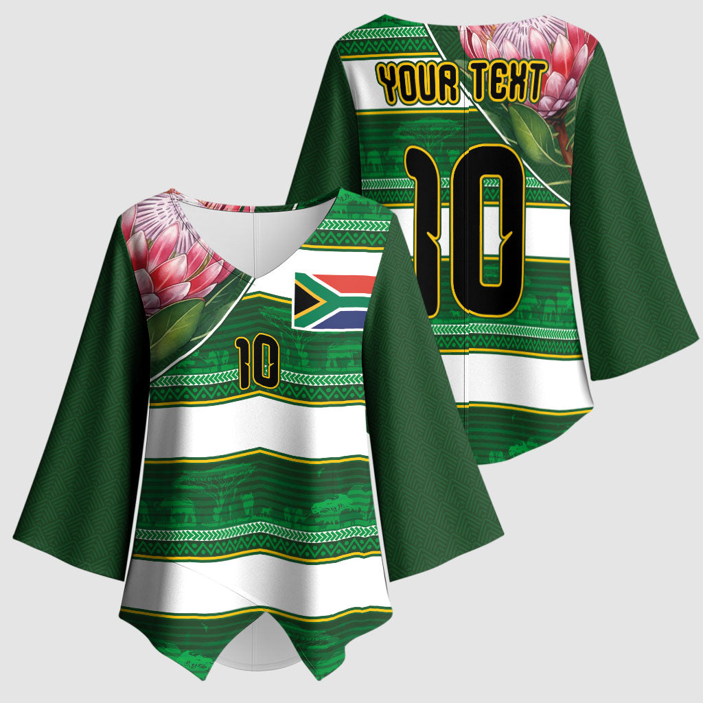 Custom South Africa Football Kimono Sleeve Blouse King Protea with African Heritage Stripes Style