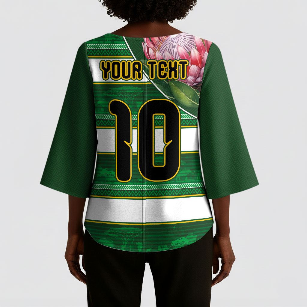 Custom South Africa Football Kimono Sleeve Blouse King Protea with African Heritage Stripes Style