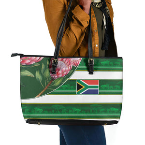 South Africa Football Leather Tote Bag King Protea with African Heritage Stripes Style