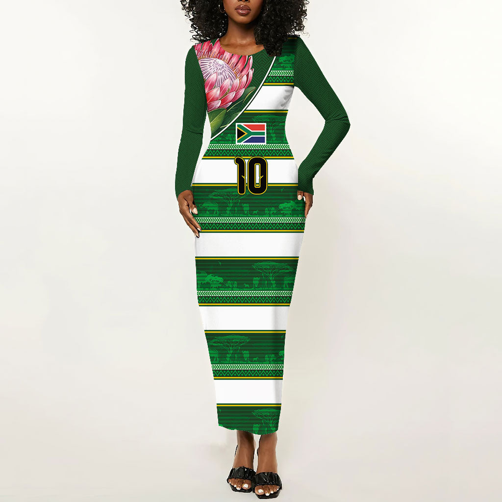 Custom South Africa Football Long Sleeve Bodycon Dress King Protea with African Heritage Stripes Style