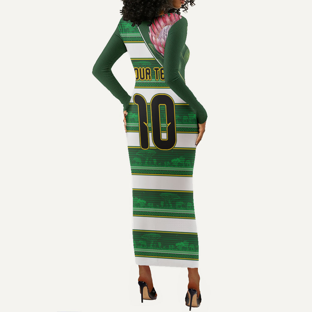 Custom South Africa Football Long Sleeve Bodycon Dress King Protea with African Heritage Stripes Style