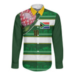 Custom South Africa Football Long Sleeve Button Shirt King Protea with African Heritage Stripes Style