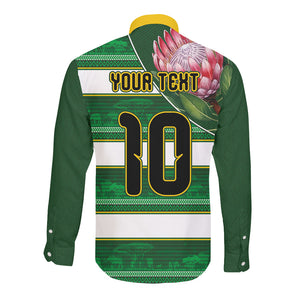 Custom South Africa Football Long Sleeve Button Shirt King Protea with African Heritage Stripes Style