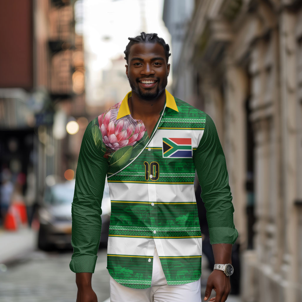 Custom South Africa Football Long Sleeve Button Shirt King Protea with African Heritage Stripes Style