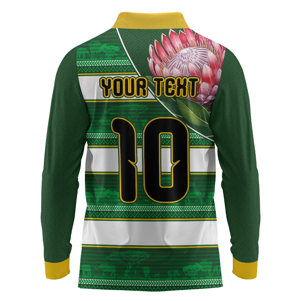 Custom South Africa Football Long Sleeve Polo Shirt King Protea with African Heritage Stripes Style