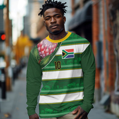 Custom South Africa Football Long Sleeve Shirt King Protea with African Heritage Stripes Style