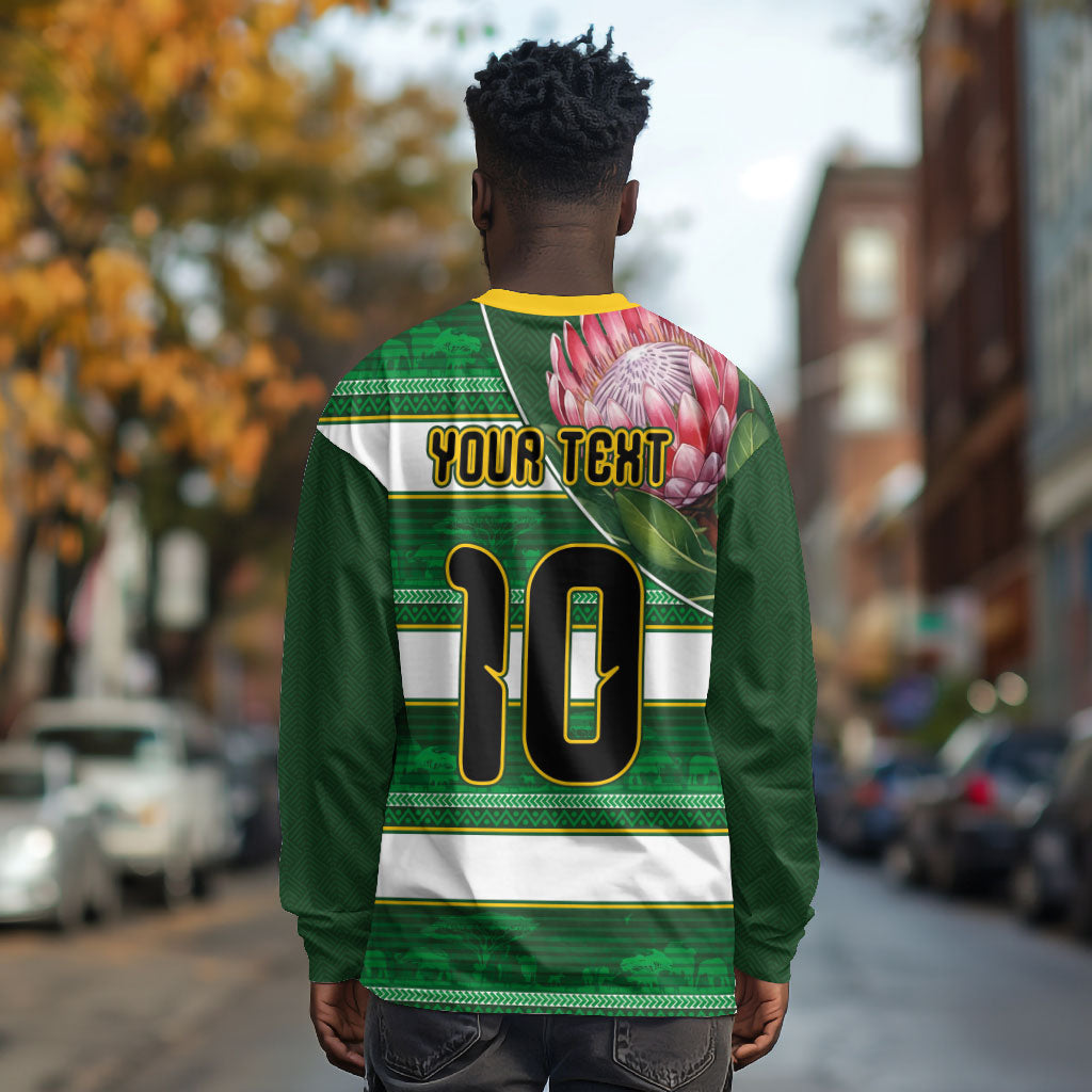 Custom South Africa Football Long Sleeve Shirt King Protea with African Heritage Stripes Style