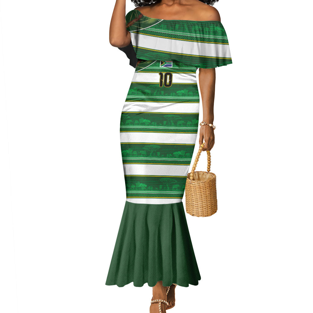 Custom South Africa Football Mermaid Dress King Protea with African Heritage Stripes Style