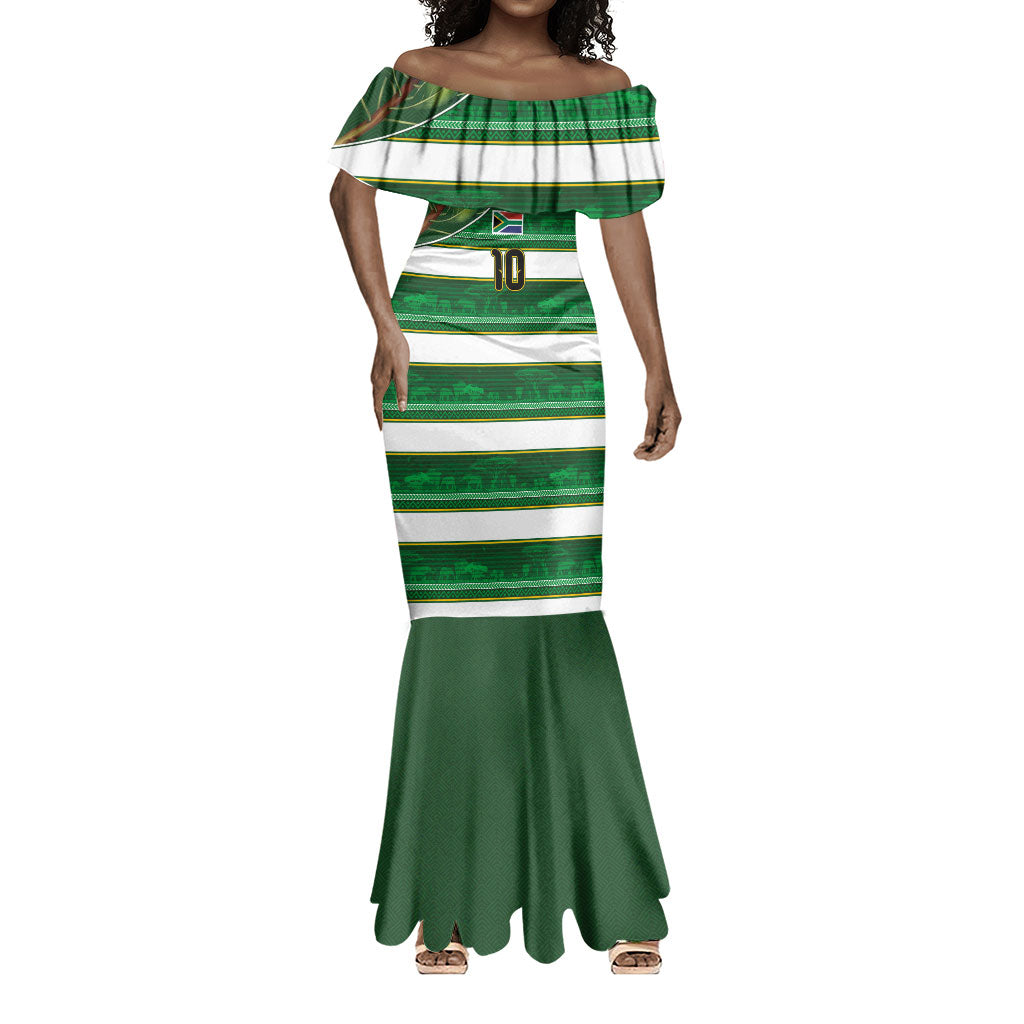Custom South Africa Football Mermaid Dress King Protea with African Heritage Stripes Style