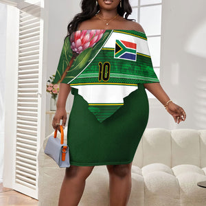 Custom South Africa Football Off Shoulder Short Dress King Protea with African Heritage Stripes Style