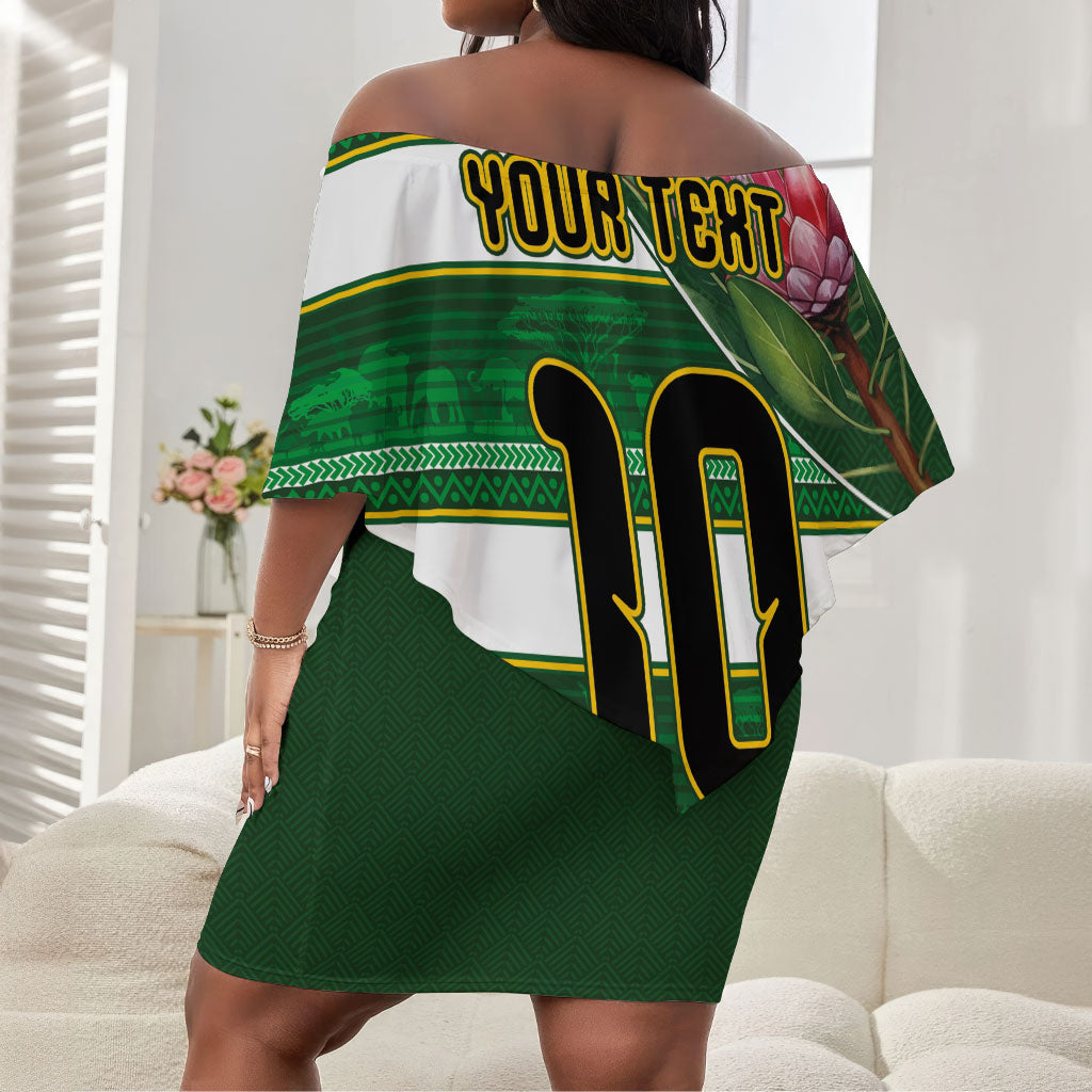 Custom South Africa Football Off Shoulder Short Dress King Protea with African Heritage Stripes Style