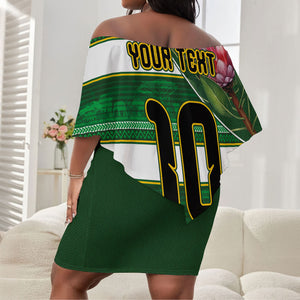 Custom South Africa Football Off Shoulder Short Dress King Protea with African Heritage Stripes Style