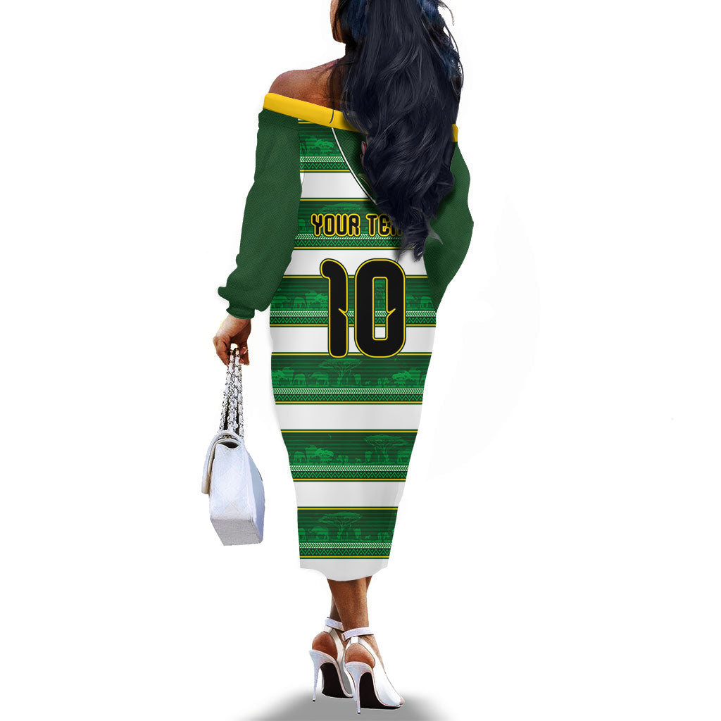 Custom South Africa Football Off The Shoulder Long Sleeve Dress King Protea with African Heritage Stripes Style