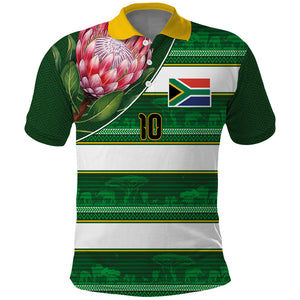 Custom South Africa Football Polo Shirt King Protea with African Heritage Stripes Style
