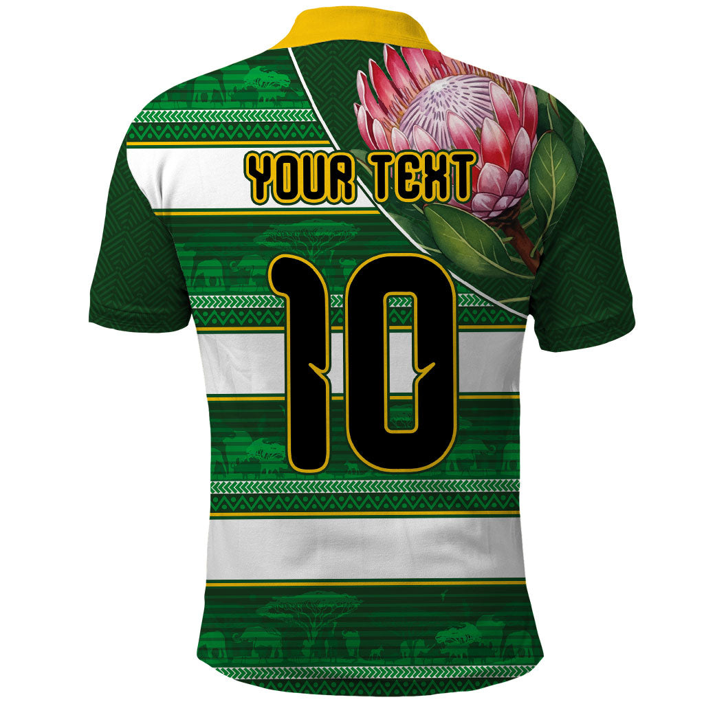 Custom South Africa Football Polo Shirt King Protea with African Heritage Stripes Style