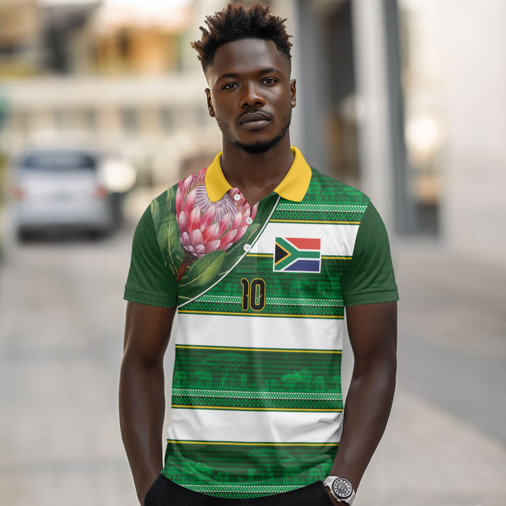 Custom South Africa Football Polo Shirt King Protea with African Heritage Stripes Style