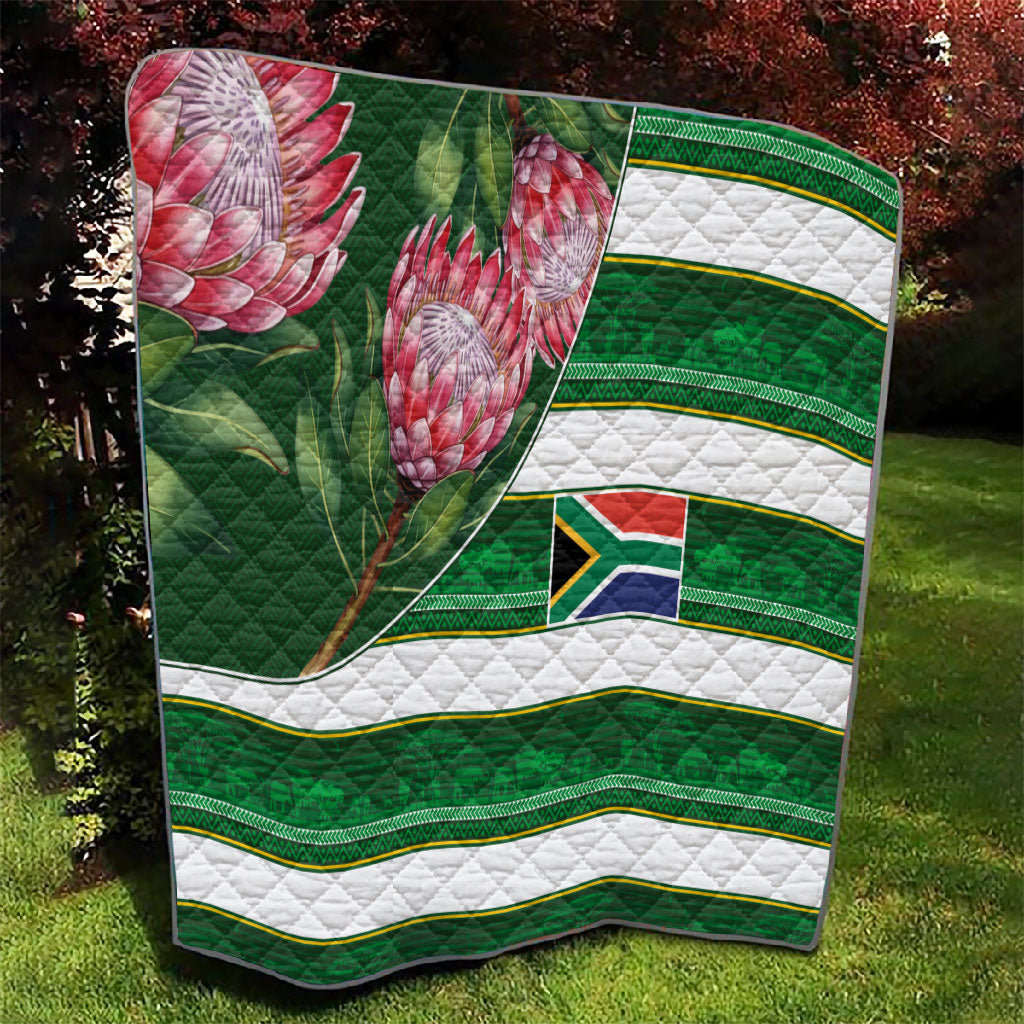 South Africa Football Quilt King Protea with African Heritage Stripes Style