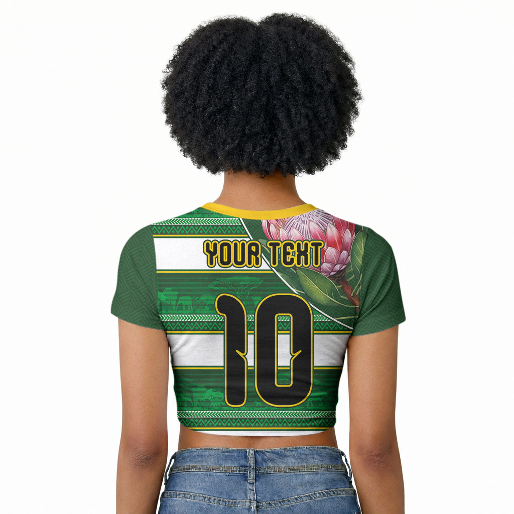 Custom South Africa Football Raglan Cropped T shirt King Protea with African Heritage Stripes Style