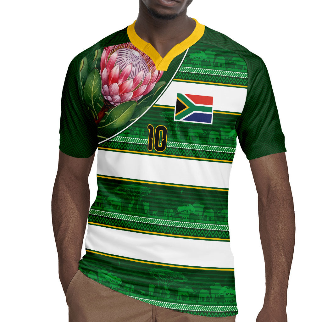 Custom South Africa Football Rugby Jersey King Protea with African Heritage Stripes Style