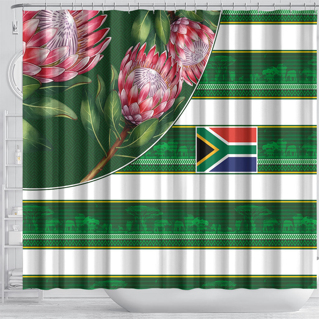 South Africa Football Shower Curtain King Protea with African Heritage Stripes Style