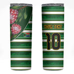 Custom South Africa Football Skinny Tumbler King Protea with African Heritage Stripes Style