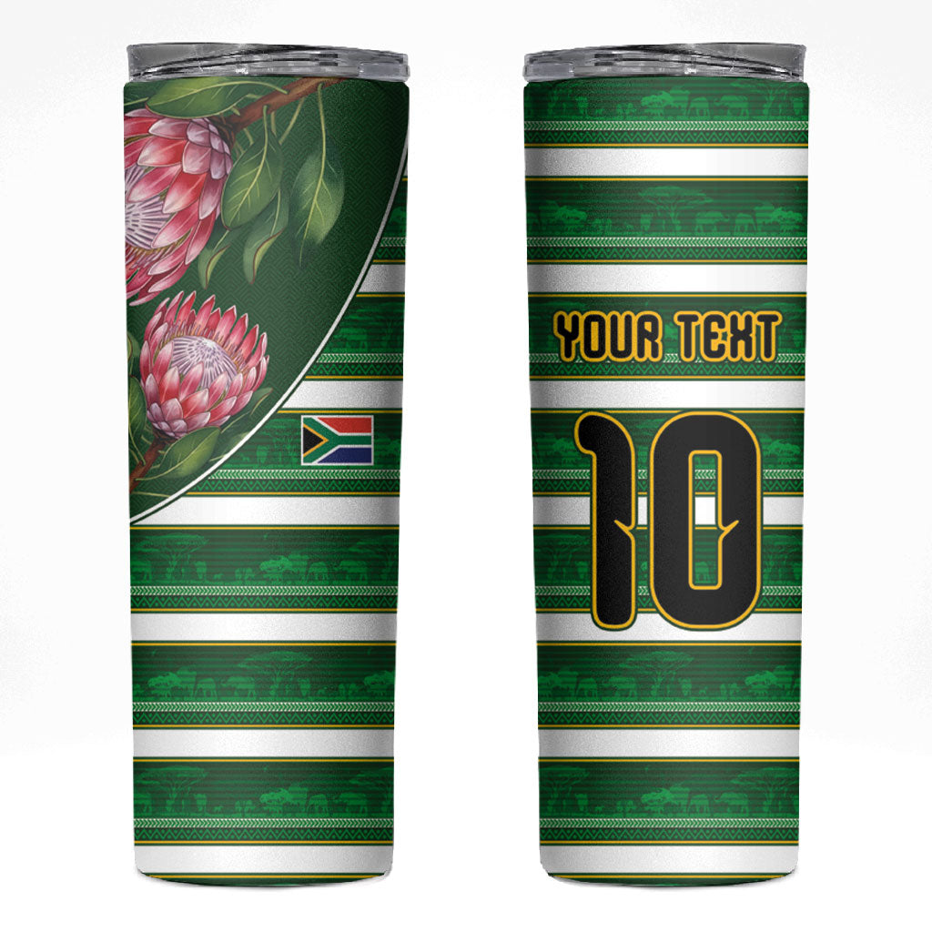Custom South Africa Football Skinny Tumbler King Protea with African Heritage Stripes Style