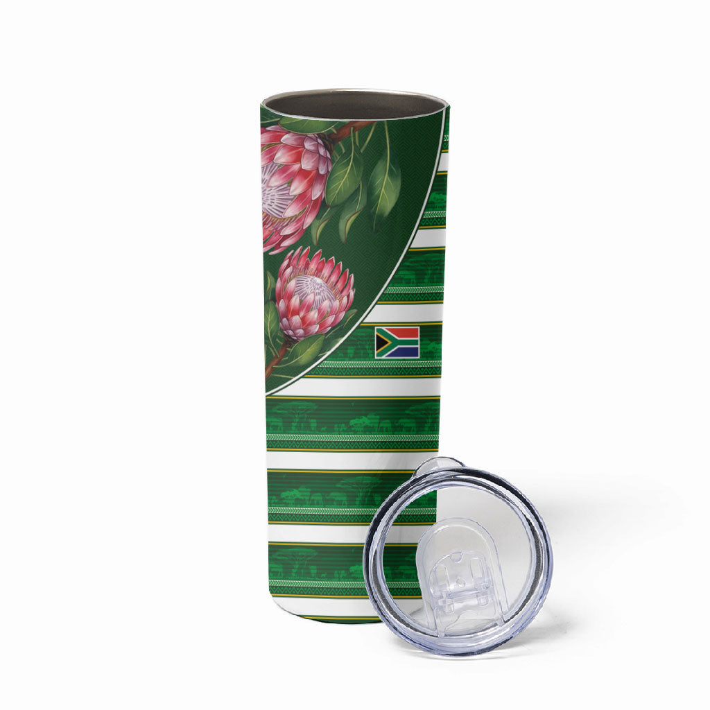 Custom South Africa Football Skinny Tumbler King Protea with African Heritage Stripes Style