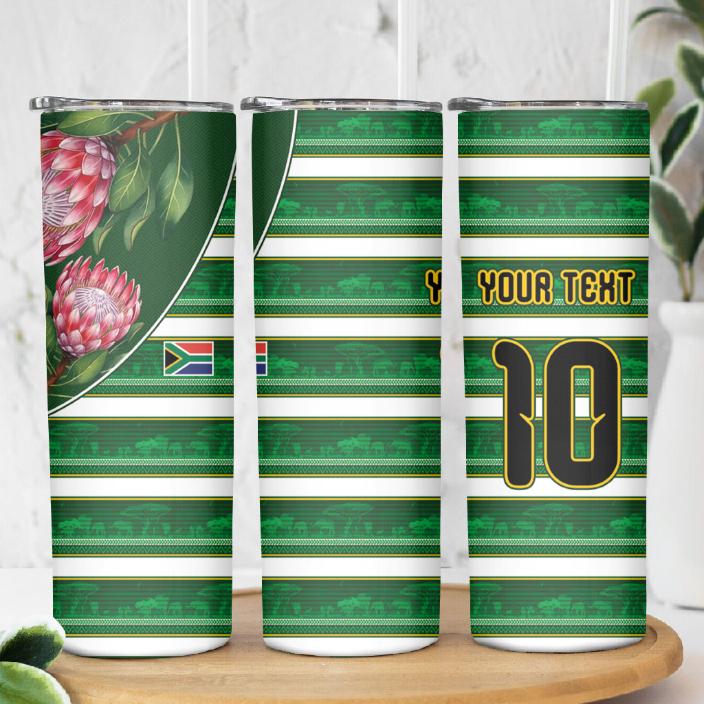 Custom South Africa Football Skinny Tumbler King Protea with African Heritage Stripes Style