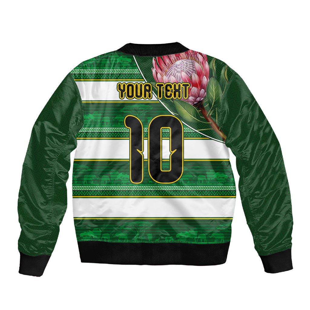 Custom South Africa Football Sleeve Zip Bomber Jacket King Protea with African Heritage Stripes Style